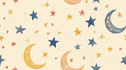 Celestial night pattern, stars, moons, cream background; kids' fabric design