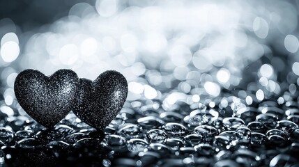 Two dark hearts on pebbles, bokeh background, romantic, Valentine's Day card