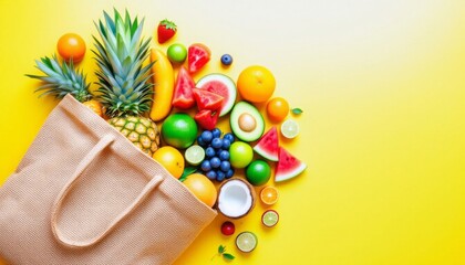 Colorful Fruits in a Reusable Bag Against a Bright Yellow Background