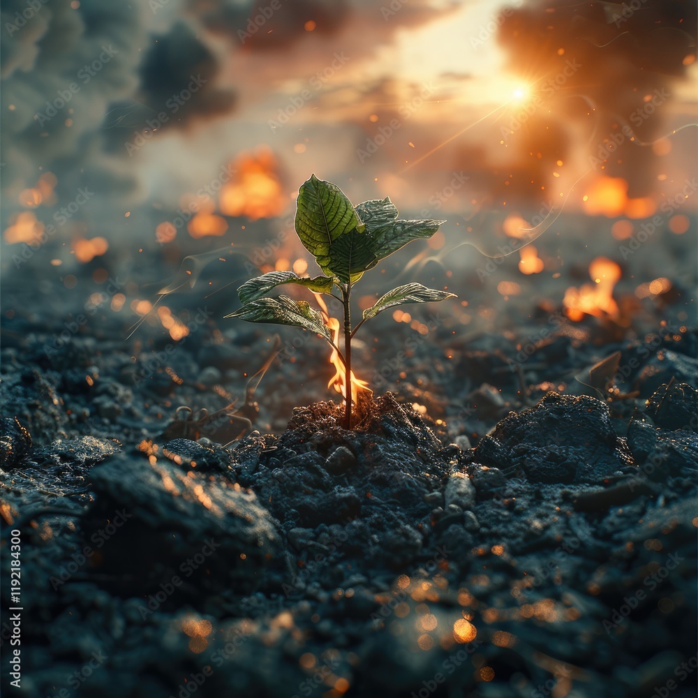 Poster nuclear war zone where everything on the background is burning and in the center there is a small pl