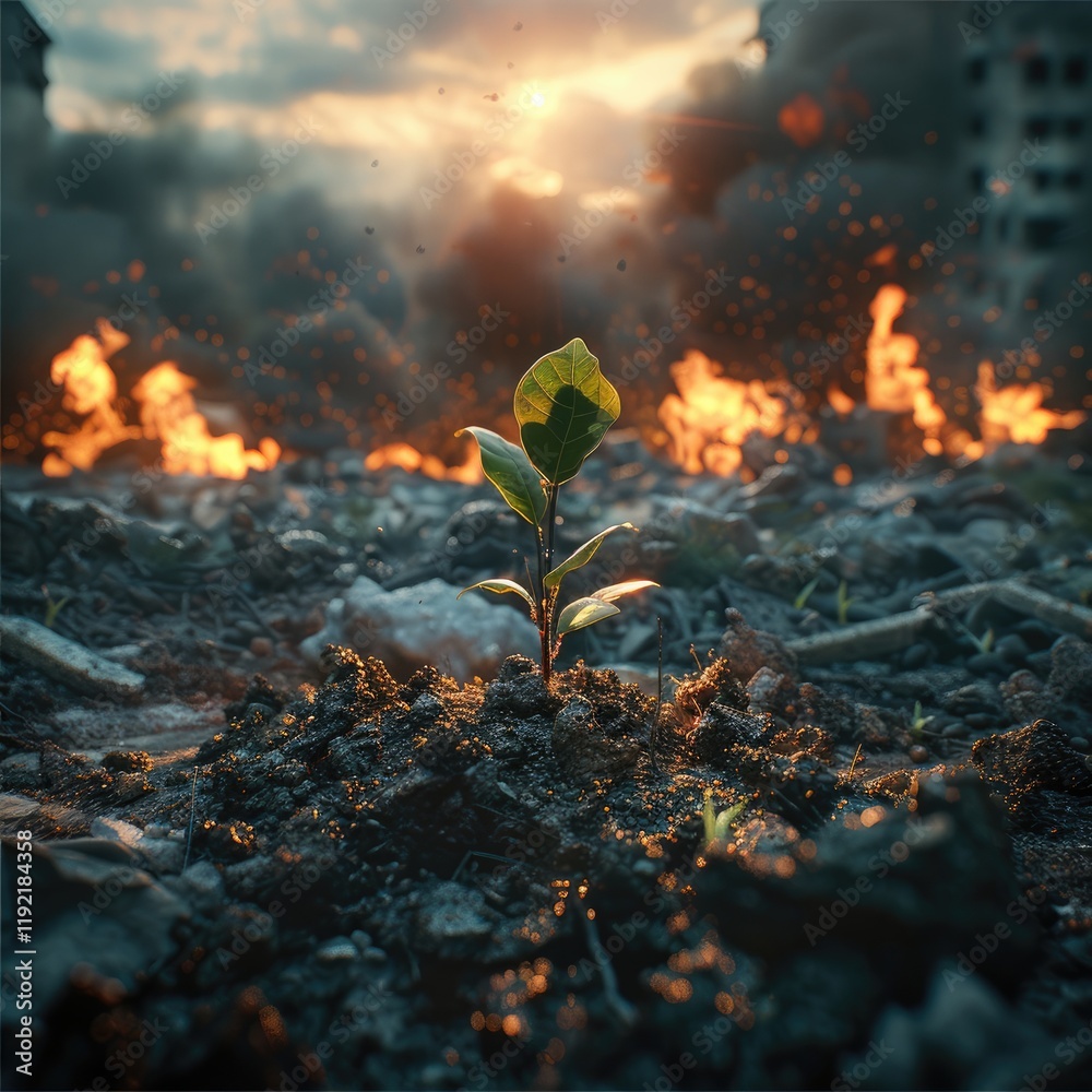 Poster nuclear war zone where everything on the background is burning and in the center there is a small pl