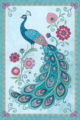 Fototapeta premium The Majestic Charm of Peacock and Paisley Encased in Artistic Frames