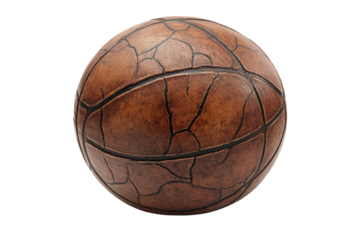 Vintage brown basketball resting on a surface with a textured design and rustic appearance indoors