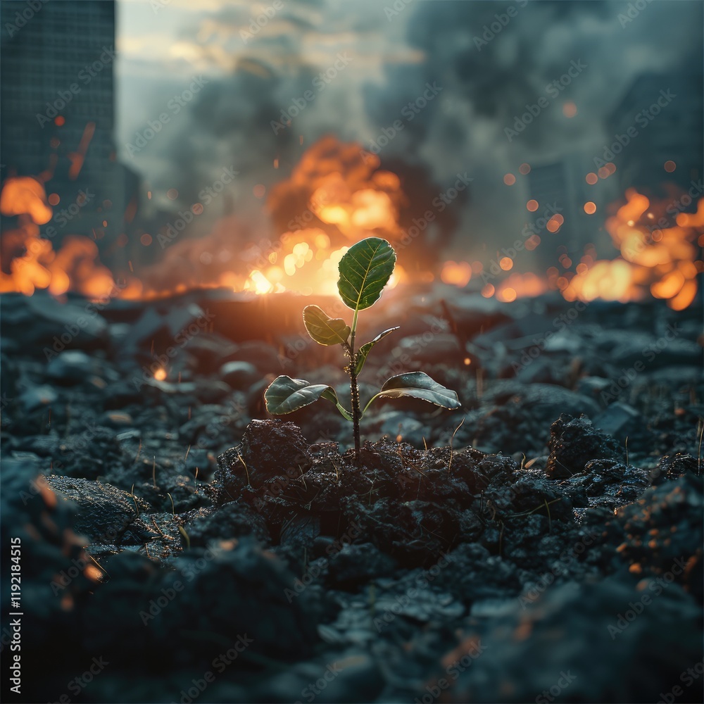 Poster nuclear war zone where everything on the background is burning and in the center there is a small pl