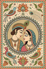 Obraz premium Lord Krishna’s Divine Melody: A Madhubani Interpretation of Love