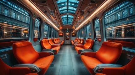 Fototapeta premium Modern train interior with orange seating.