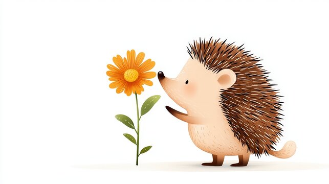 Cute cartoon hedgehog interacts with bright orange flower in a cheerful, whimsical illustration