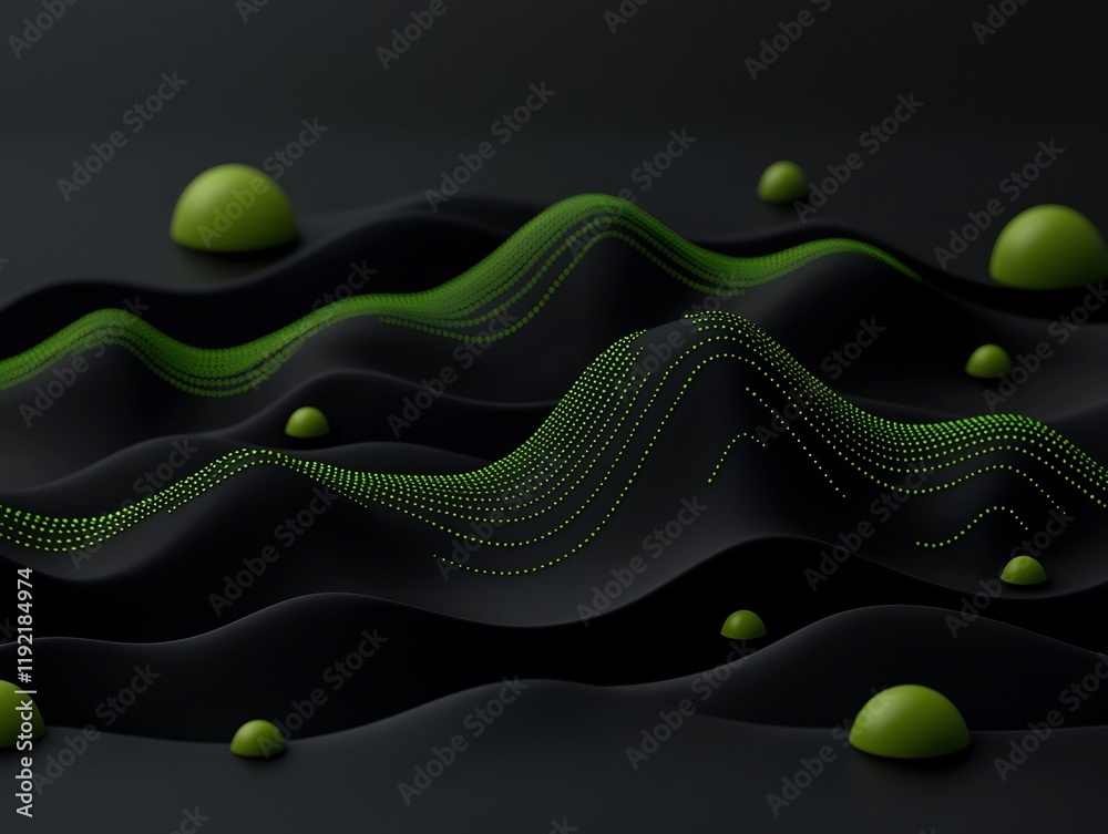 Poster pulsating green dot and line patterns on ominous black 3d render