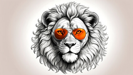 doodle illustration of lion wearing aviator sunglasses, smiling mischievously, showcases playful and stylish character. This unique design captures attention and evokes joy