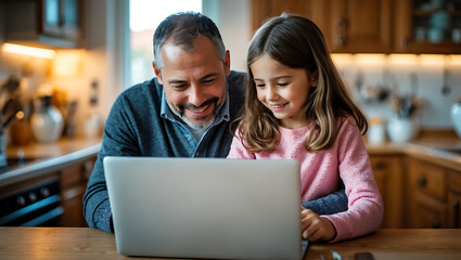 Fototapeta premium bonding moment between father and daughter while using laptop in cozy kitchen. Their smiles reflect joy and connection during this shared experience