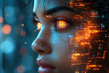 "Electric Cyborg: A Futuristic Digital Portrait of a Techno-Enhanced Being with Illuminating Accessories"