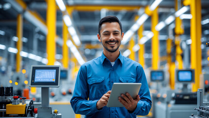 cheerful male supervisor standing in factory, holding tablet, surrounded by machinery and equipment. His smile reflects confidence and professionalism in modern industrial setting