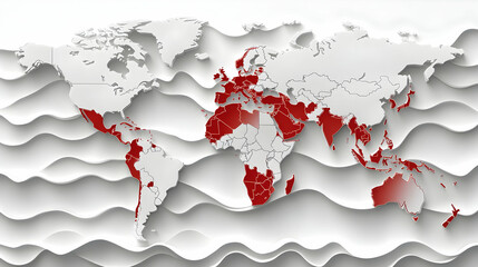 Global network map, red regions, wavy background, data visualization
