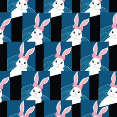 white rabbit pink bow pink ears black eyes little smile dark blue square on back background.Vector seamless pattern.