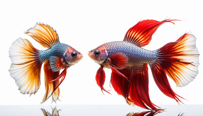 Fototapeta premium The moving moment beautiful of yellow and red half moon betta fish or betta fighting fish in on isolated captivating aquatic dance with vivid colors