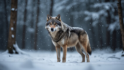 lone wolf standing majestically in snowy forest, surrounded by falling snowflakes, exuding sense of strength and solitude