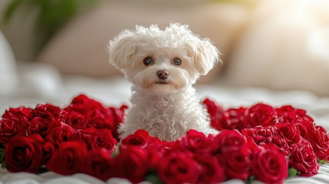 Cute Small Dog Surrounded by Red Roses on Soft Bedding Surface