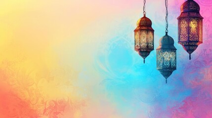 Obraz premium Festive lanterns hanging, colorful background, celebration, greeting card