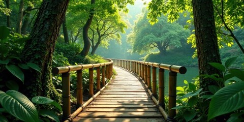 Serene Bamboo Footbridge Leading Through Lush Green Foliage to a Tranquil Waterway