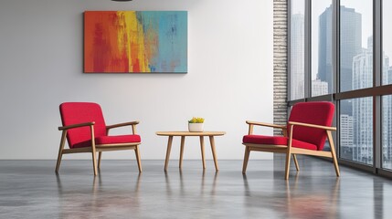 Modern living space featuring two red chairs and a wooden table with a small plant against a city skyline backdrop.