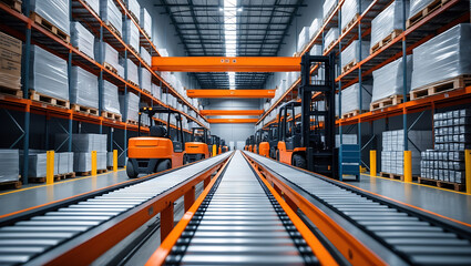 Fototapeta premium Efficient cargo management in modern warehouse with forklifts and conveyor systems. organized layout enhances delivery optimization and productivity