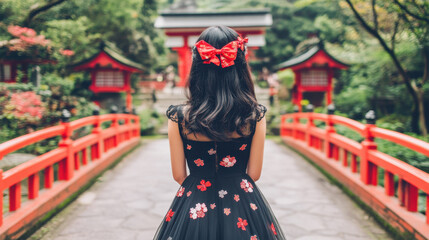 Obraz premium A woman in a black dress standing alone on a bridge at twilight, surrounded by mist, in front of a traditional Japanese shrine, evoking a sense of eerie horror - Chaos