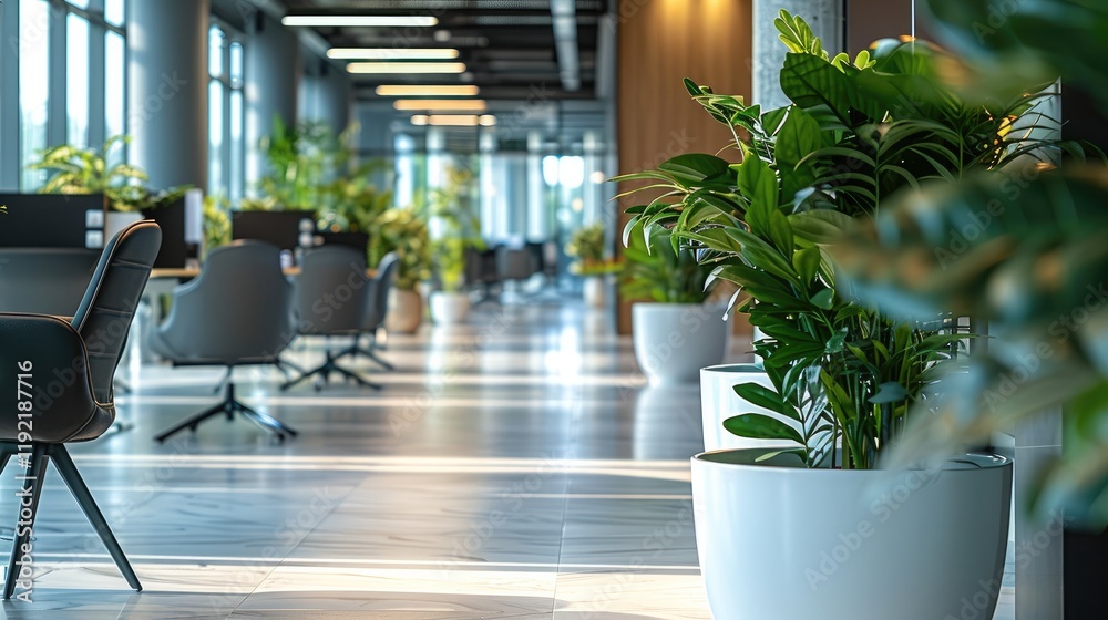 Poster office with workplaces and artificial plants in pots.