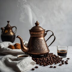 A traditional Turkish coffee pot (cezve) steaming against a white canvas.
