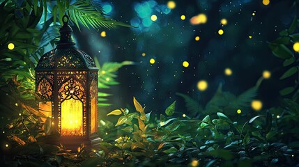 Illuminated lantern in lush foliage, fireflies at night