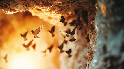 Fototapeta premium Flock of Birds Flying in Sunset Cave Silhouette 