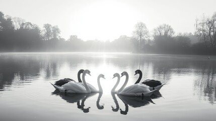 Fototapeta premium Elegant Swans Gliding Gracefully Across a Misty Lake at Sunrise, Creating a Serene and Tranquil Atmosphere in Black and White Photography