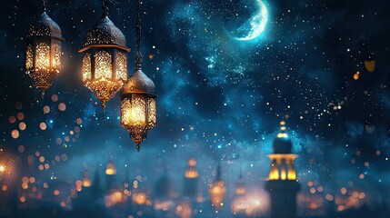 Night lanterns illuminate city, crescent moon, starry sky. Festive celebration
