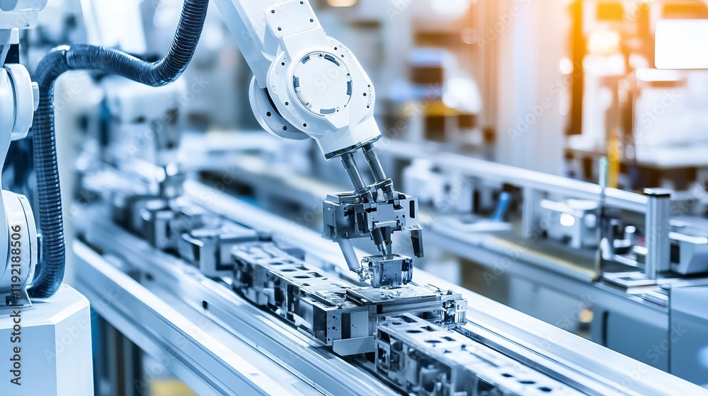 Wall mural a futuristic robotic arm assembling intricate components on a high-tech assembly line, clean and ord