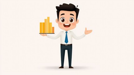 Happy cartoon character presenting bar graph on a plate with a smile in a professional business setting