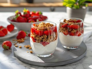 Delicious Strawberry Yogurt Parfait in Glass Cups