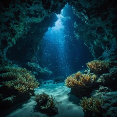 Obraz premium A mysterious underwater cave illuminated by glowing sea plants.