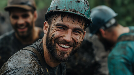 Fototapeta premium Smiling Construction Worker Covered in Mud 