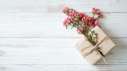 Pink flowers atop rustic gift on wood. Perfect for cards, blogs, websites