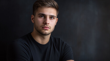 Fototapeta premium Dramatic portrait of man in black against dark background
