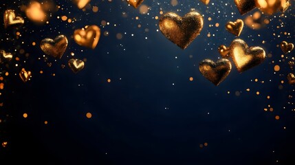 A blue background with gold hearts scattered all over it, Valentines Day greeting card concept. Mothers Day anniversary design