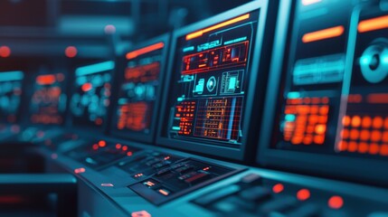 Naklejka premium Futuristic Control Room with Digital Displays and Data Interfaces