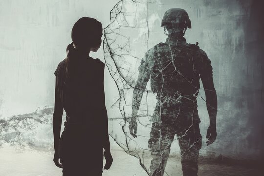 A woman at the cracked mirror s edge  exploring identity and war s lasting impact through reflection - Powered by Adobe