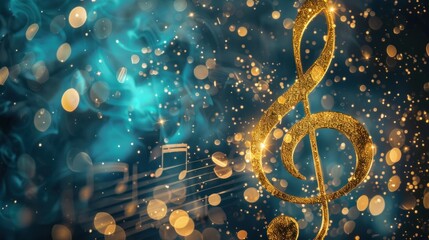 Glittering treble clef, music notes, bokeh background, event invitation