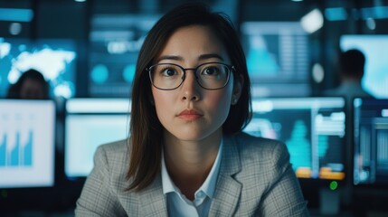 Obraz premium Focused Businesswoman in Modern Office Amidst Data Analysis