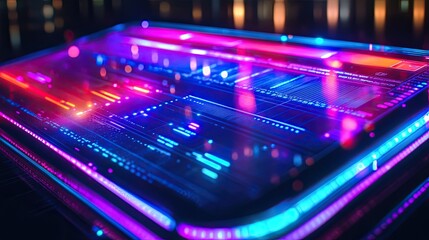 A close-up of a digital tablet with a futuristic design displaying holographic data, symbolizing innovation, technology, and business, perfect for tech startups, digital transformation