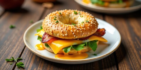 Savory Egg, Bacon, and Cheese Breakfast Bagel Sandwich on a Rustic Wooden Table