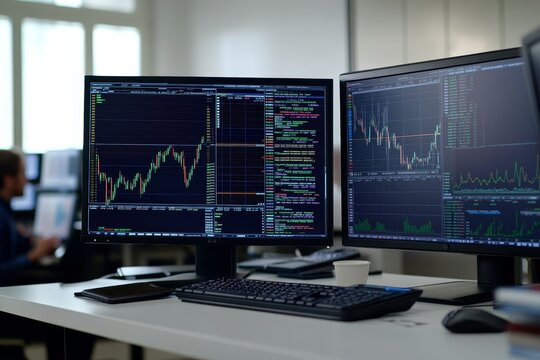 Realistic stock market analysis in office financial charts and team discussing trading strategies