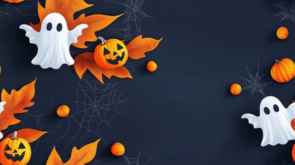 cute rocket and space seamless concept. Festive Halloween decorations with ghosts, pumpkins, and autumn leaves on a dark background.