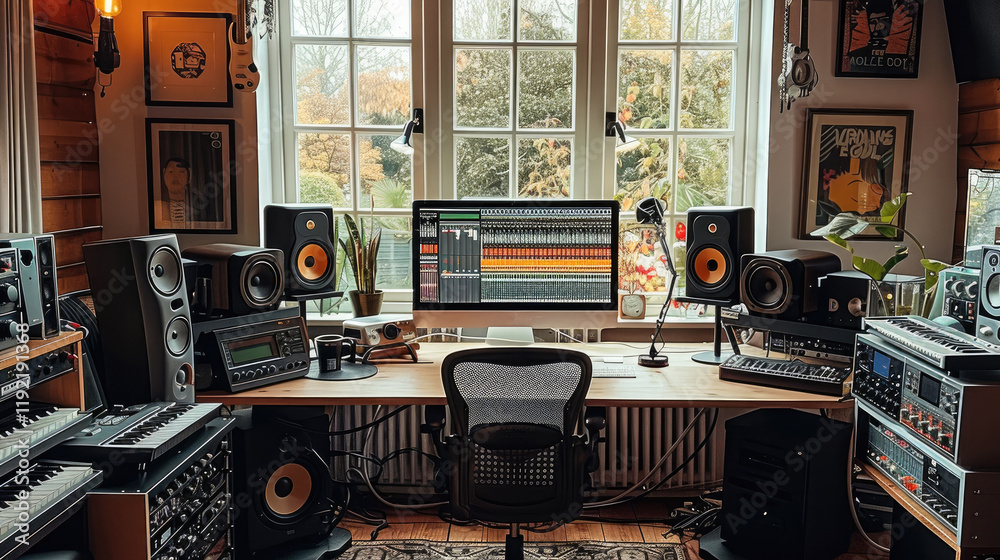 Poster an home office radio show recording studio.