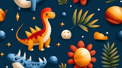 Fototapeta premium cute rocket and space seamless concept. Colorful dinosaur pattern featuring playful elements like planets and flowers on a dark background.